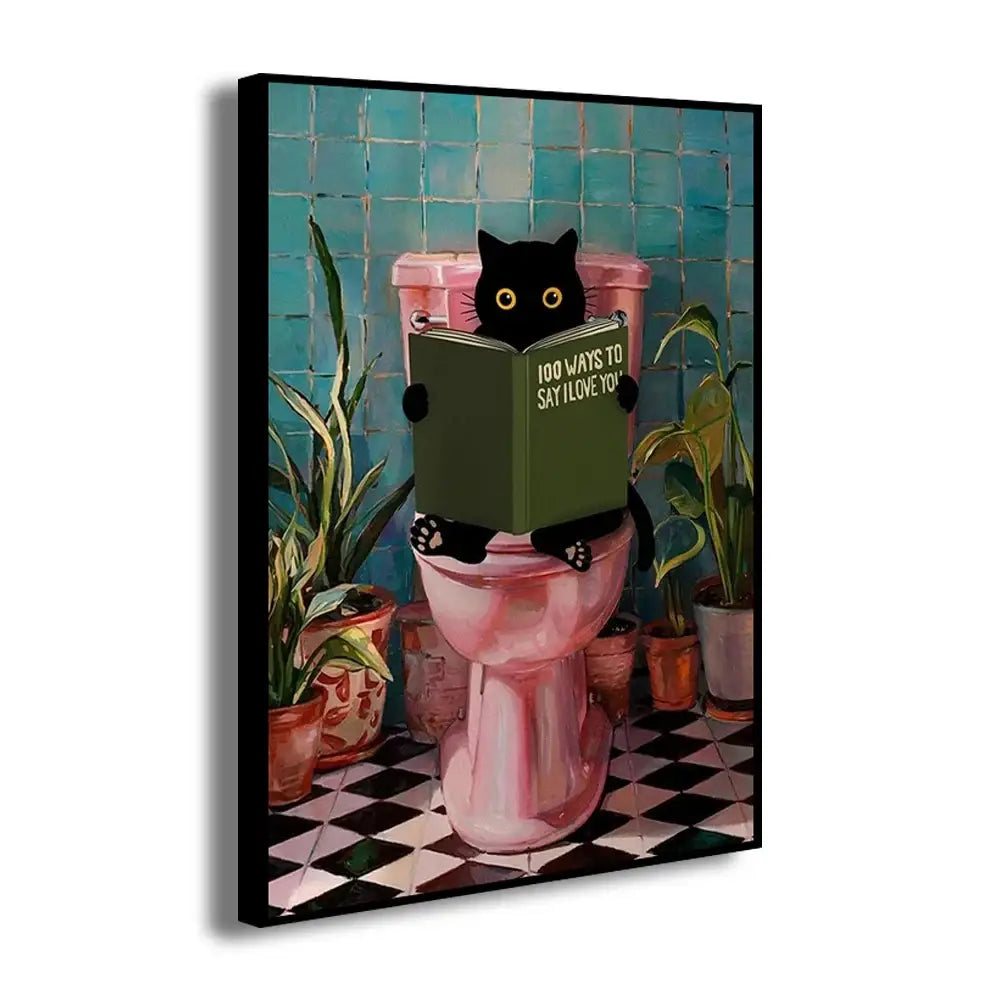 Decorbites cat reading wall art featuring a black cat on a pink toilet holding an olive green book on toilet canvas