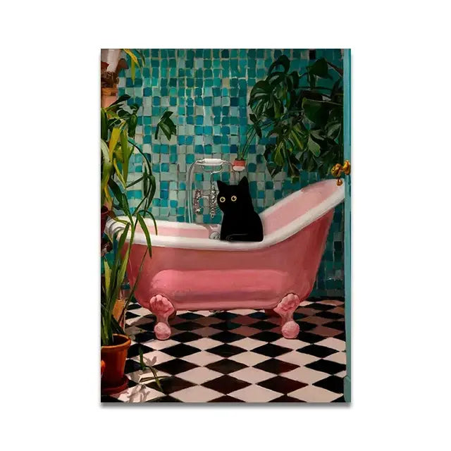 DecorBites™ cat reading wall art features a black cat in a pink clawfoot bathtub on teal mosaic toilet canvas