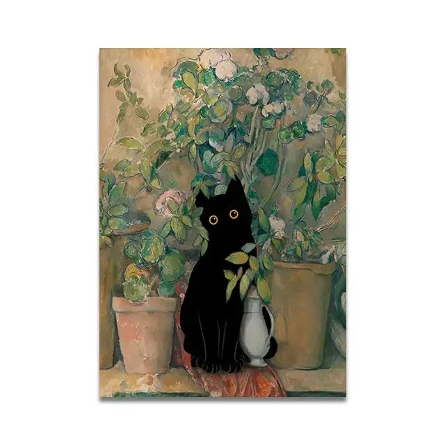 DecorBites™ cat reading wall art features a black cat with golden eyes amid green plants on a vintage toilet canvas