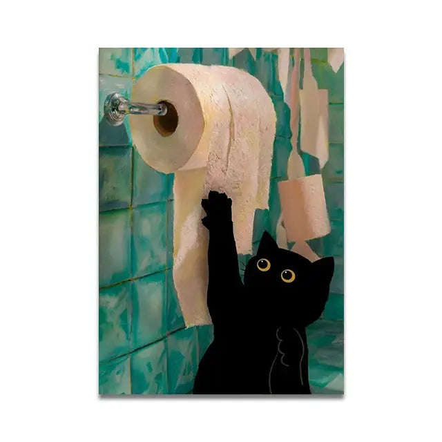 Decorbites™ cat reading wall art featuring a black cat with yellow eyes on toilet canvas with teal tiled background