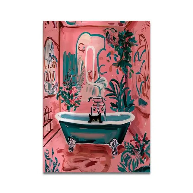 Decorbites™ cat reading wall art features a teal clawfoot bathtub in a pink room with plants on toilet canvas