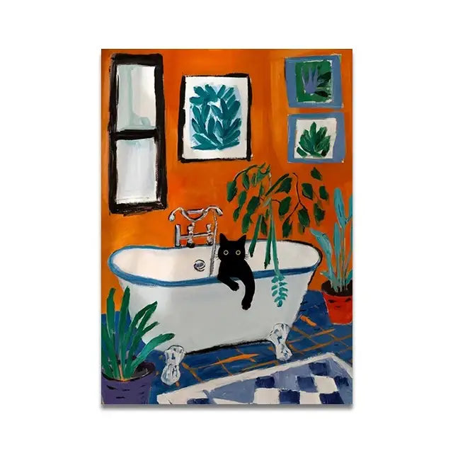 Whimsical decorbites cat reading wall art featuring a black cat on a clawfoot bathtub against an orange wall for toilet canvas