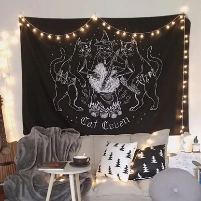 Black cat coven tapestry featuring white line-art cats around a cauldron with string lights for decorbites cat witchcraft black rose wall hanging