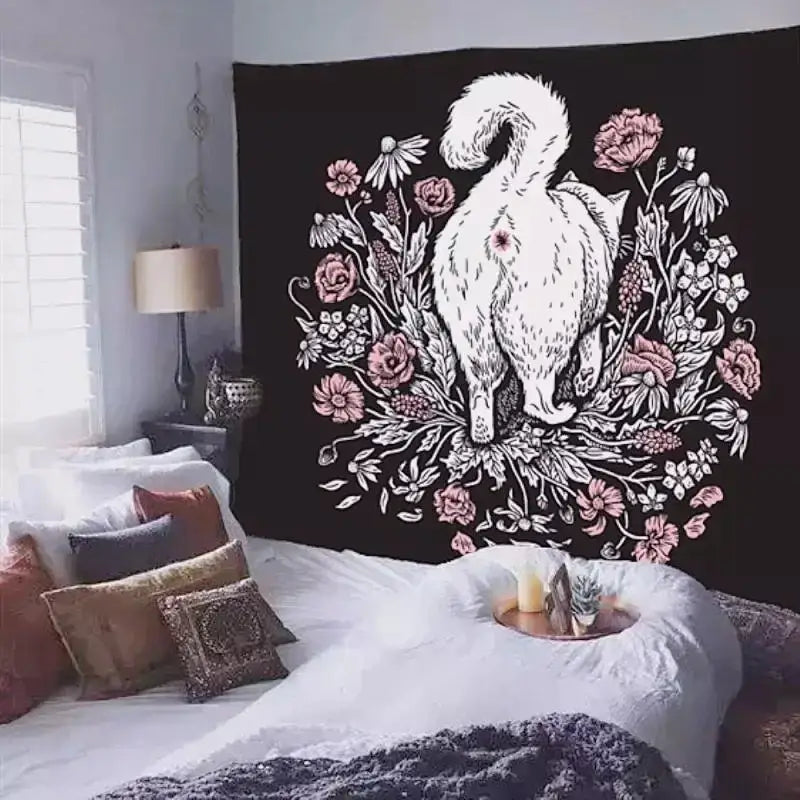 Decorbites cat witchcraft black tapestry with white illustrated cat and pink floral design for bedroom wall hanging
