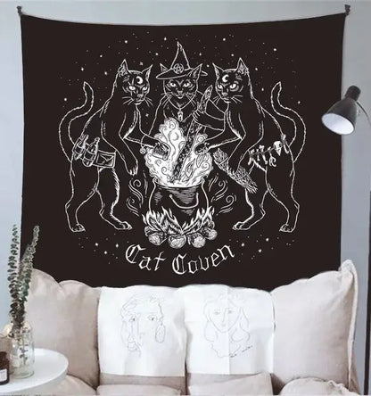 Decorbites cat witchcraft black tapestry featuring white line-art of three cats around a cauldron for bedroom wall hanging