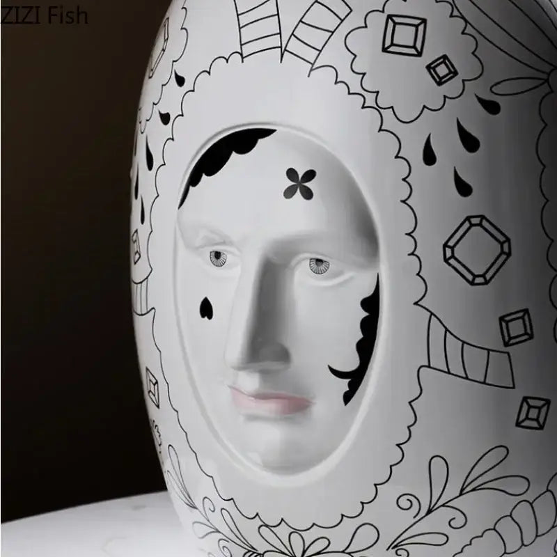 Decorbites™ ceramic vase desktop white ceramic vase with black line art face and geometric patterns for floral arrangements