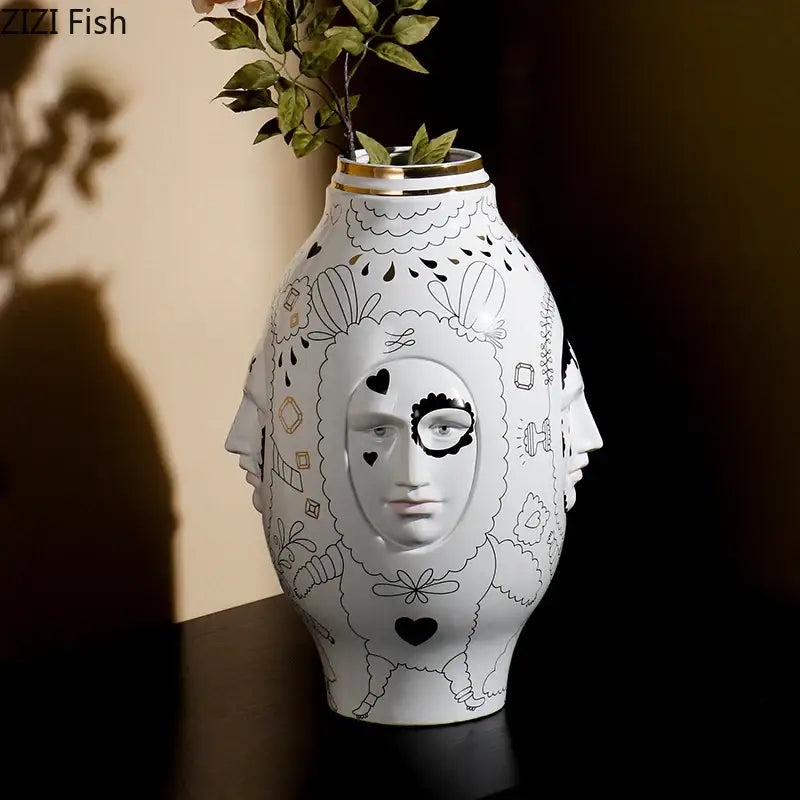 DecorBites ceramic vase desktop in white ceramic with black line art faces hearts and gold rim for floral arrangements