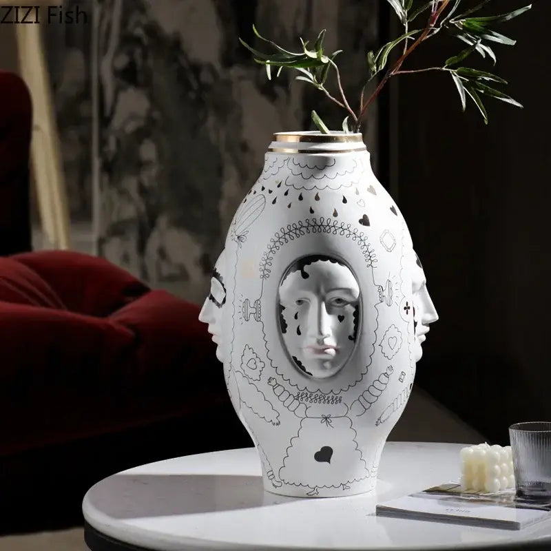 Decorbites™ ceramic vase desktop in white with black line art faces and gold rim for floral arrangements
