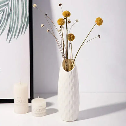 White ceramic-look plastic vase imitation with textured diamond pattern from decorbites for home and garden use