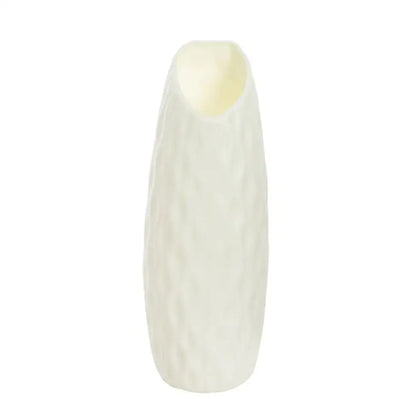 Cream-colored textured ceramic-look plastic vase imitation with smooth tapered silhouette for home and garden decor
