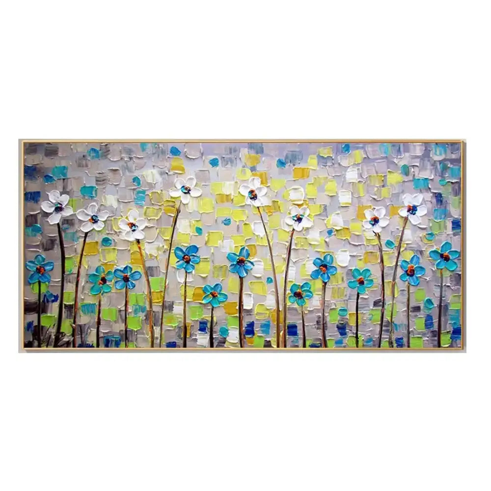 Decorbites™ cherry blossom canvas art featuring white and blue flowers on textured gray yellow green background for living room