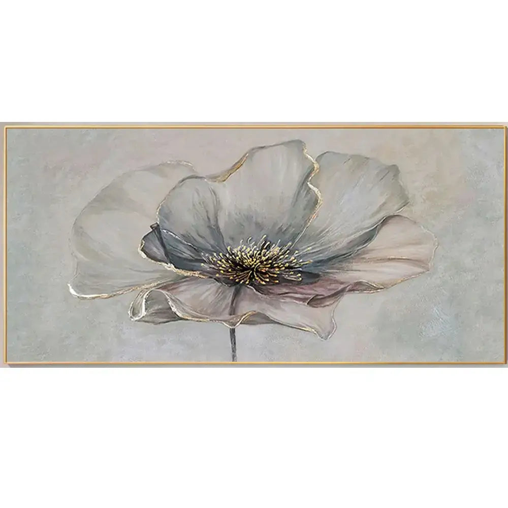 Decorbites cherry blossom canvas art featuring a gray poppy with gold leaf accents in a light wood frame for living room