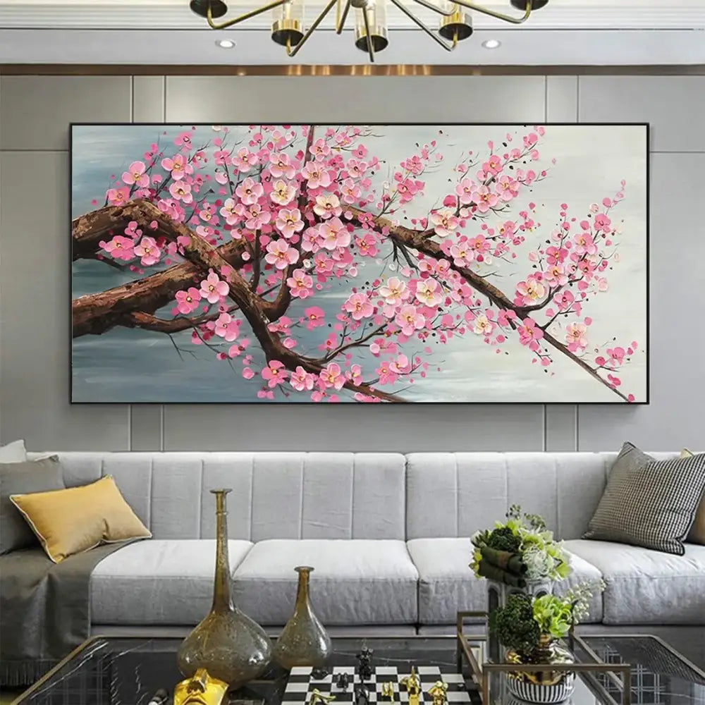 DecorBites™ cherry blossom canvas art features vibrant pink blossoms with dark brown branches in a sleek black frame for living room decor