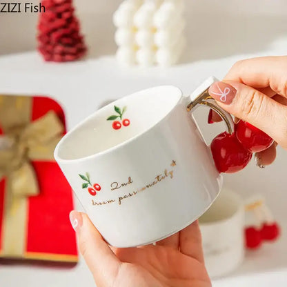 DecorBites cherry pattern porcelain coffee mug white ceramic with gold lettering red cherry decals and metallic cherry handle