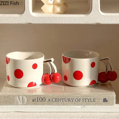 White ceramic decorbites cherry porcelain mugs with bold red polka dots and cherry-shaped handles for tableware use