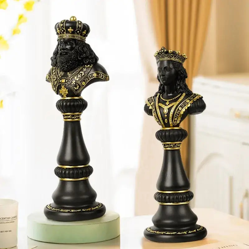 Elegant black and gold resin chess figurines featuring king and queen busts from decorbites chess figurines set