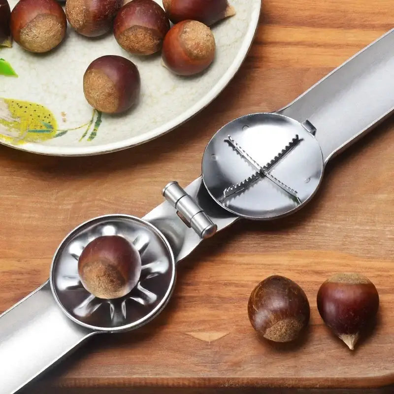 Shiny stainless steel decorbites chestnut opener with circular toothed press and two handles for quick cracking