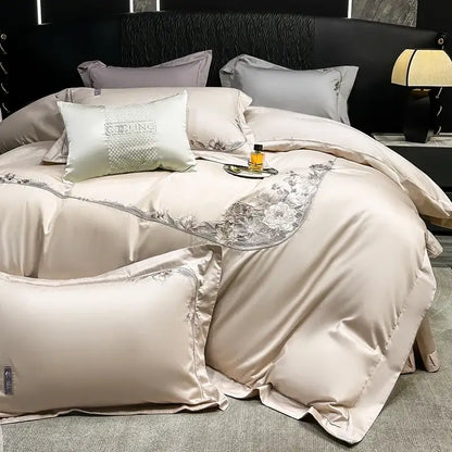 Beige satin bedding set with silver chic flowers embroidery and matching pillow from DecorBites chic flowers collection