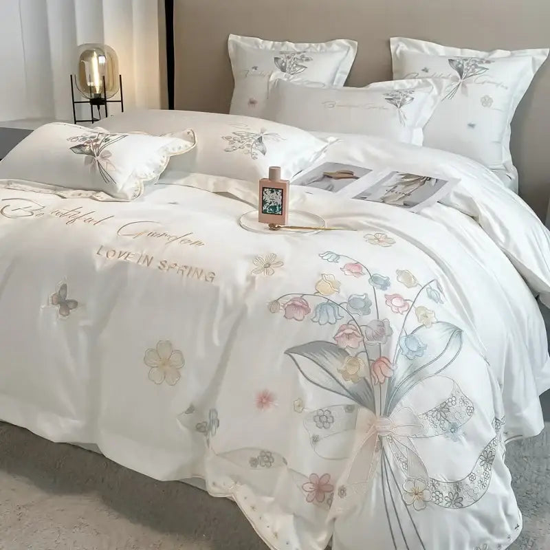 White satin duvet cover from decorbites chic flowers embroidery bedding set with delicate pastel floral embroidery and lace bow