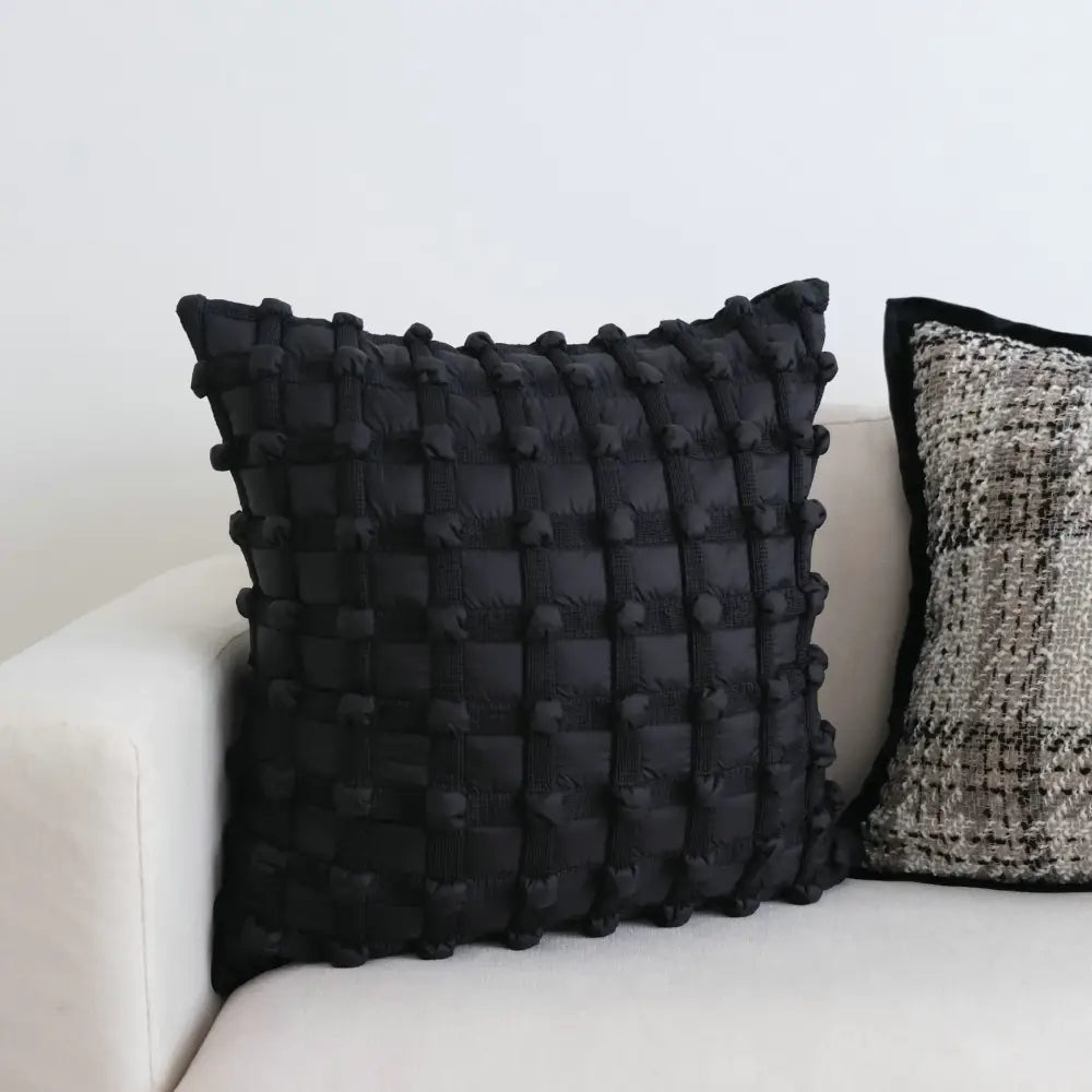 DecorBites™ chic pillow black quilted pillow cover set with textured woven pattern and pom-pom accents for modern decor