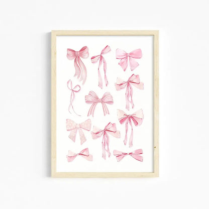A framed decorbites™ chic pink wall art featuring delicate pink watercolor bows on a white background for girls room