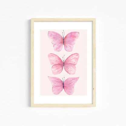 Decorbites™ chic pink wall art featuring three delicate butterflies in light wood frame for girls room pink wall decor