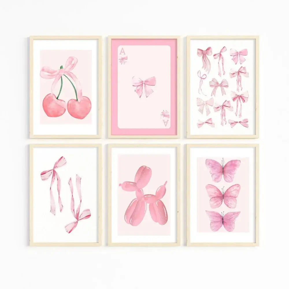 Set of six framed watercolor pink wall art prints featuring cherries bows playing cards butterflies and a balloon dog