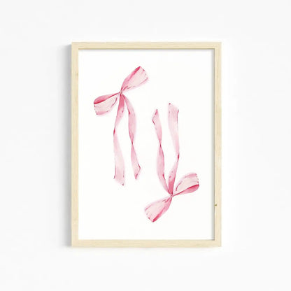 Decorbites™ chic pink wall art featuring pink watercolor ribbon bows in a light wood frame for girls room wall art