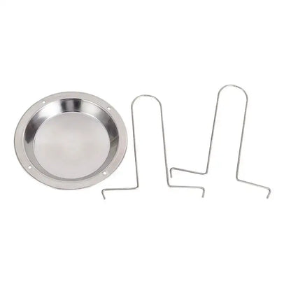 Shiny stainless steel DecorBites chicken roaster rack and pie pan with holes and three wire supports for oven grilling