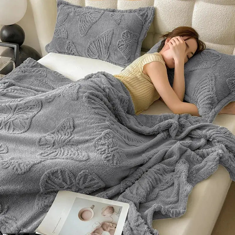 Soft gray decorbites chiffon butterfly jacquard throw blanket with raised butterfly embroidery for couch or bed