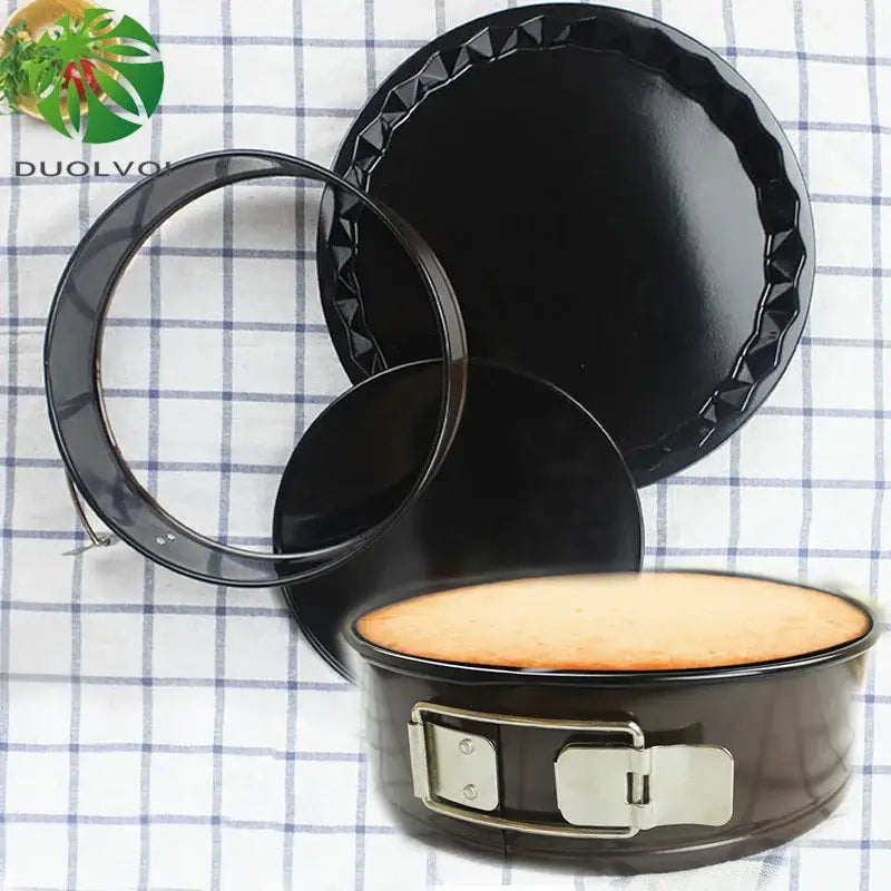 Black non-stick stainless steel decorbites chiffon cake mold with shiny textured rim and silver clasp mechanism