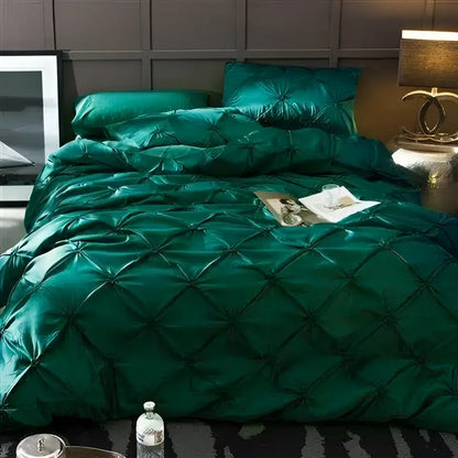 Emerald green satin quilted duvet cover set with diamond-stitched pattern from decorbites polyester bedding collection