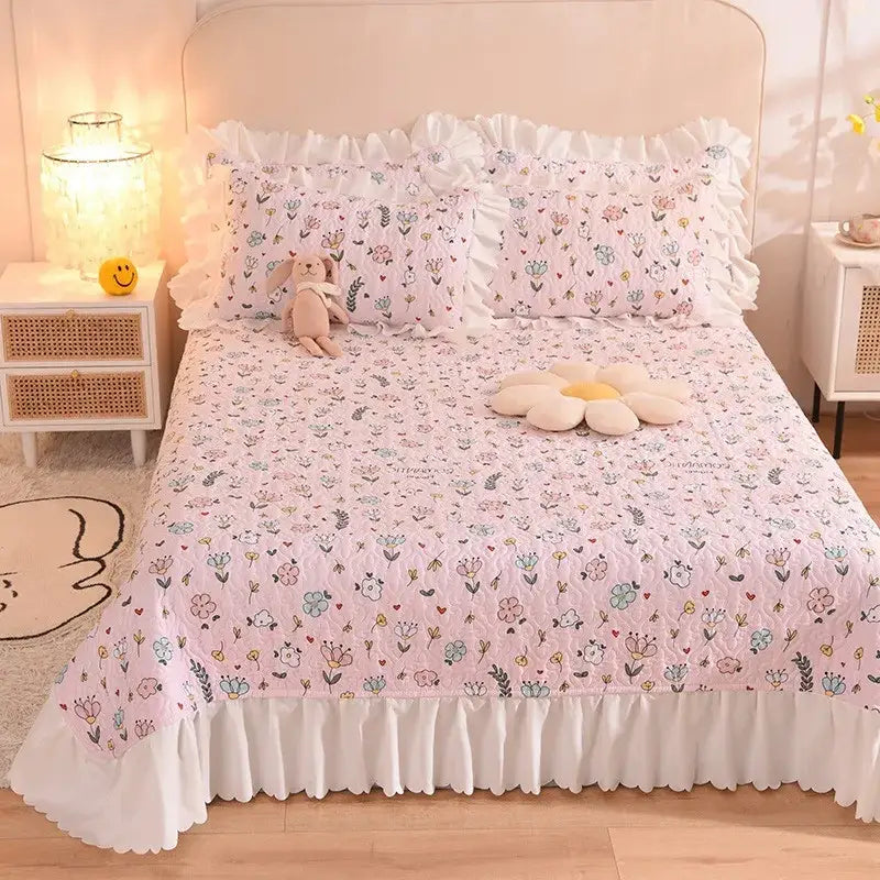 Pink floral decorbites chiffon quilted bed spread set with white ruffled edges and matching pillowcases queen size cotton