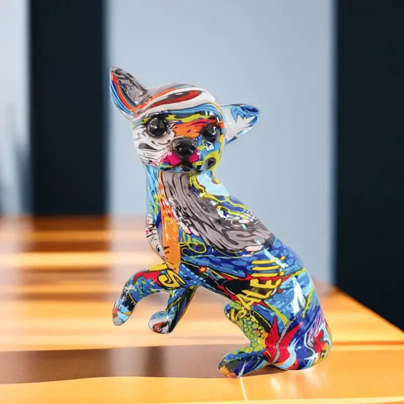 Vibrant graffiti-style chihuahua dog ornament with glossy multicolored paint resin handicraft for home decor