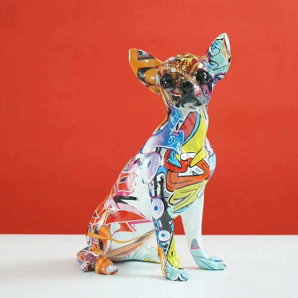 Vibrant graffiti-style chihuahua dog resin sculpture with glossy finish and bold colorful abstract patterns for home decor
