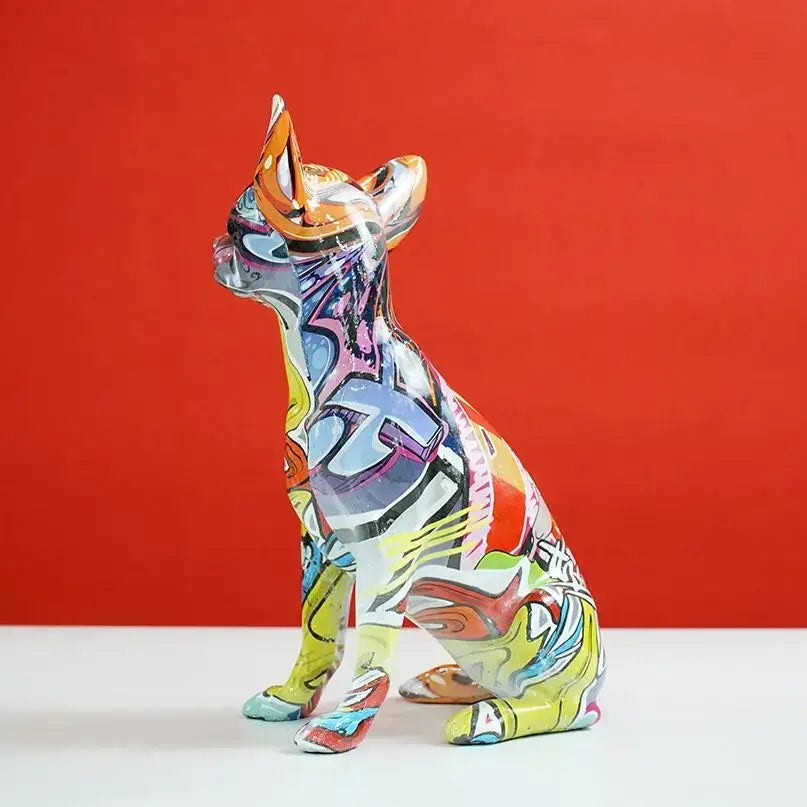 A vibrant multicolored resin decorbites chihuahua dog sculpture in graffiti style for modern home decor