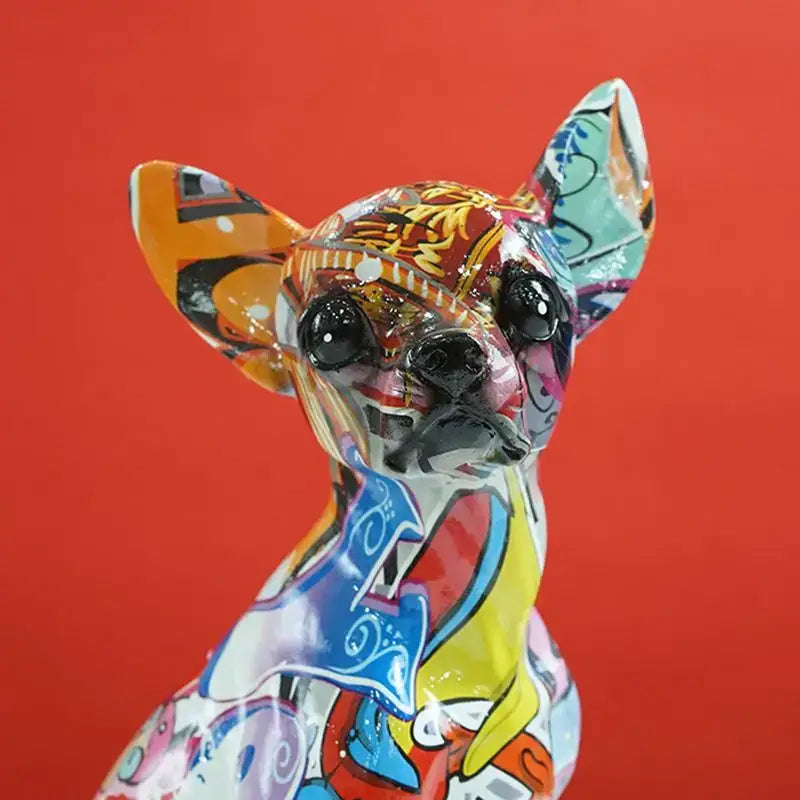 Vibrant glossy decorbites chihuahua dog sculpture in resin featuring colorful graffiti patterns for modern home decor