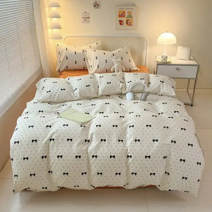 DecorBites children cartoon bedding set with white double-layer yarn quilt cover featuring black bow tie print