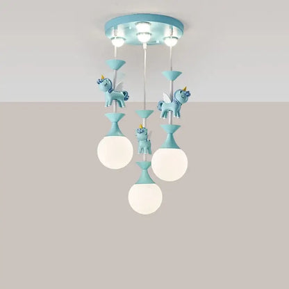 Light blue unicorn-themed carousel led chandelier with three white glass shades and decorative figurines for children’s rooms