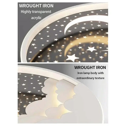 DecorBites™ children’s led ceiling lamp with wrought iron base and acrylic shade featuring white star and crescent cutouts
