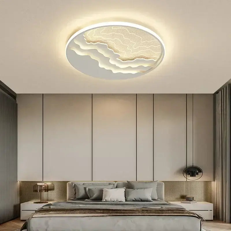 Modern circular led ceiling lamp by DecorBites with layered beige and white design for nursery bedroom lighting