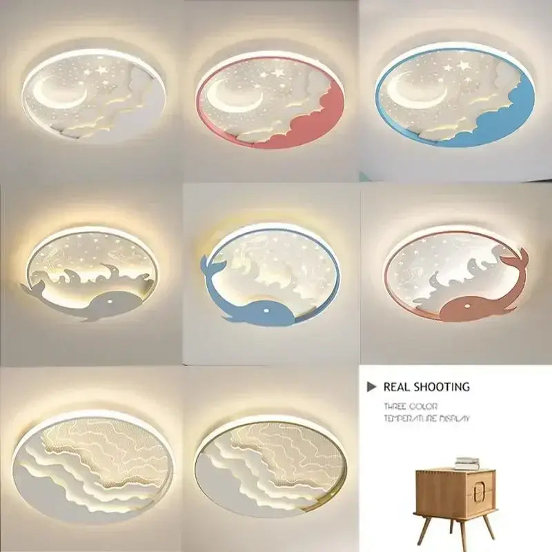 Decorbites™ children’s led ceiling lamp with whimsical moons stars whales waves in white pink blue and beige for nursery lighting