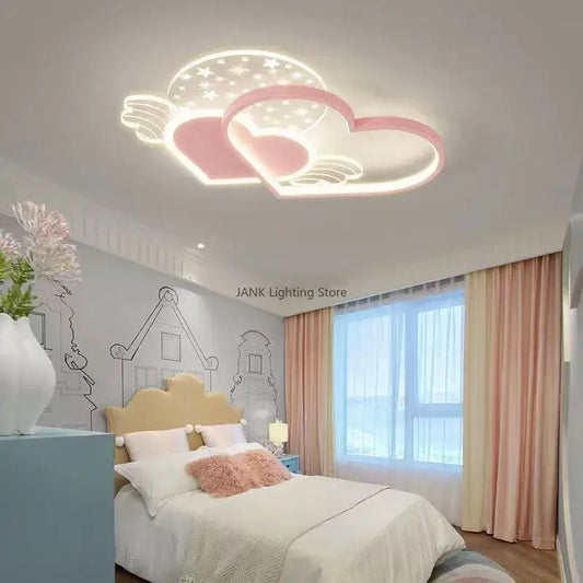 Pink heart-shaped love led chandelier with wing and star design for children’s room bedroom lighting fixture