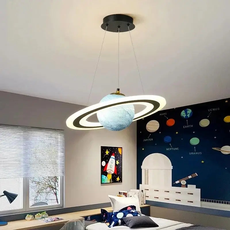 DecorBites™ children’s planet earth pendant lamp with textured blue acrylic sphere and illuminated white rings LED light