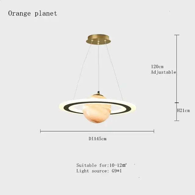 DecorBites™ children’s planet earth pendant lamp features a warm acrylic orb with illuminated rings in a pendant lamp design