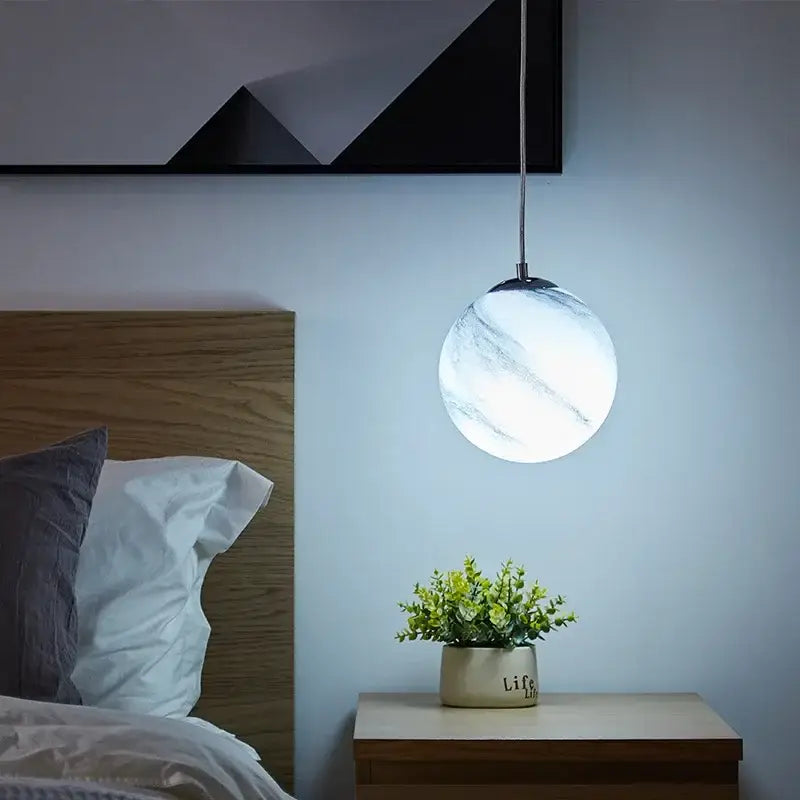 Decorbites™ children’s planet earth pendant lamp with white marble-patterned acrylic globe and metallic chain pendant lamp