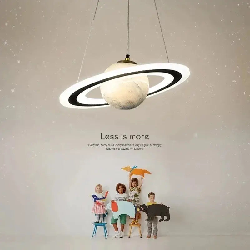 Decorbites™ children’s planet earth pendant lamp featuring a textured off-white acrylic body and black rings pendant lamp