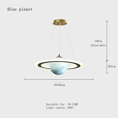 DecorBites™ children’s planet earth pendant lamp with translucent blue marble-effect globe and glowing rings hanging light