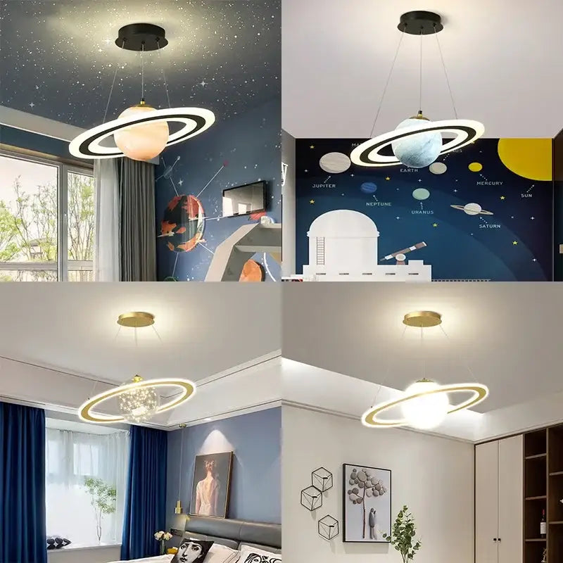A modern decorbites™ children’s planet earth pendant lamp with a glowing orb and illuminated rings in black or gold