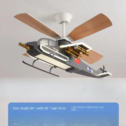 DecorBites™ children’s room airplane helicopter fan light with gray white design wooden blades gold gun barrels and chinese flag decal